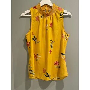Yellow Floral Sleeveless Blouse‎ Smocked Mock Neck Summer Top